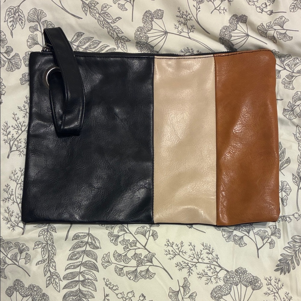 Colorblock Leather Wristlet Clutch - Black, Cream & Brown